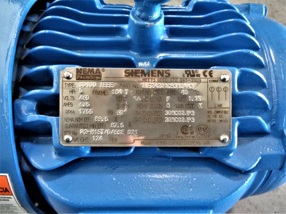 Siemens 5 HP Motor, 460V, 1755 RPM, Type SD100 IEEE, Part